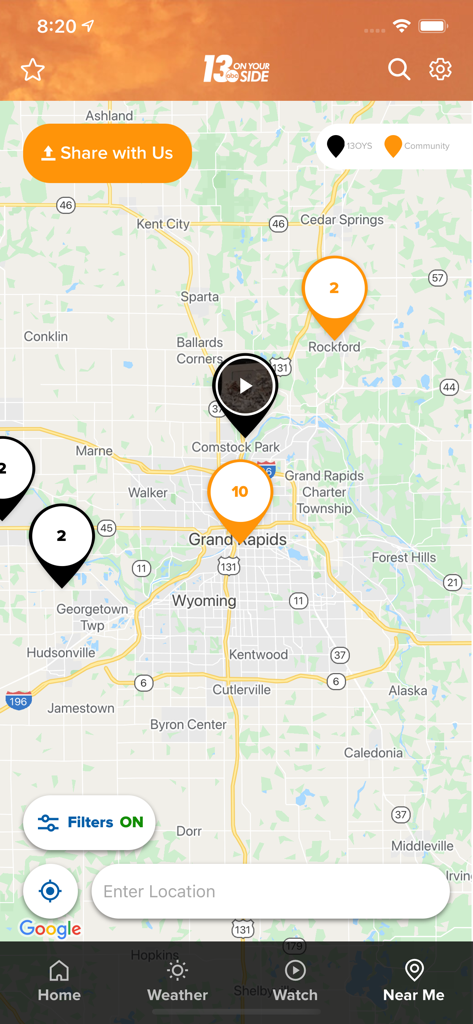 Local news map showing community reports in the Grand Rapids area