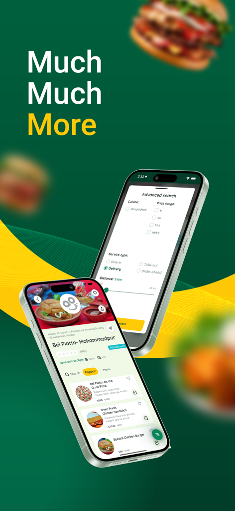 KhaoDao - Two mobile phones displaying the KhaoDao app advanced search filters and a restaurant food menu