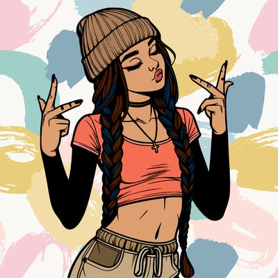 realistic teenage girl with braids and a beanie and crop top doing 🫶🏼
