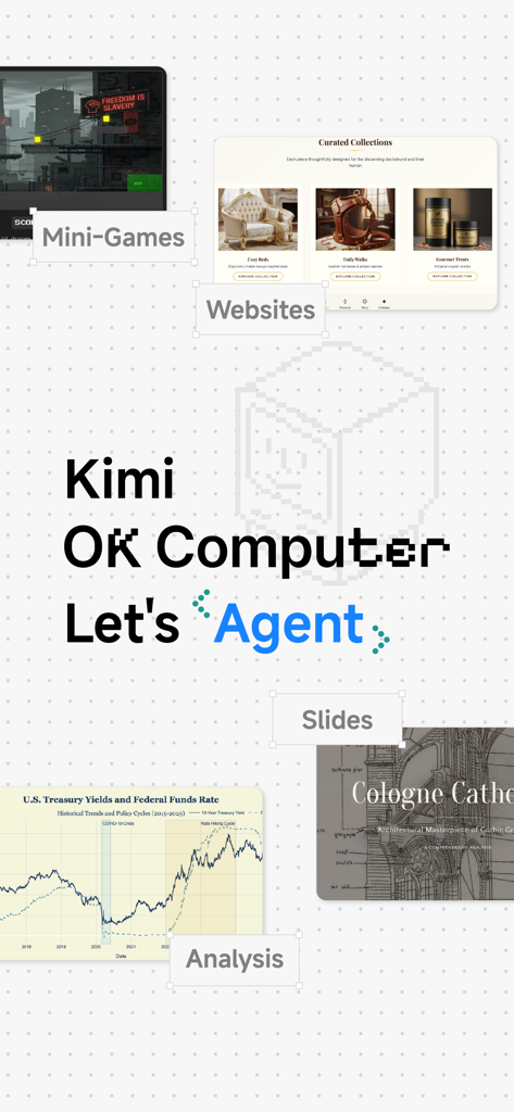 A promotional graphic for Kimi AI showing its Agent mode capabilities like creating websites, slides, and data analysis.