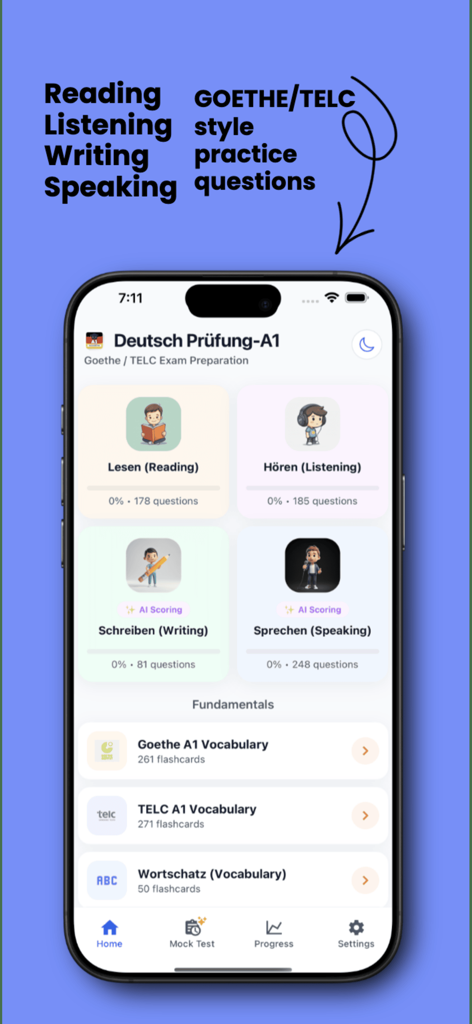 German A1 Exam: Goethe & telc - Dashboard of the German A1 Exam app showing practice modules for Reading Listening Writing and Speaking with AI scoring features