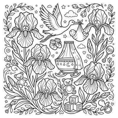 Welcome a new arrival with this heartwarming coloring page, blending the beauty of Bearded Irises with charming baby shower elements. Discover a delightful scene featuring a stork, cradle, and adorable baby items, perfect for a relaxing creative moment.