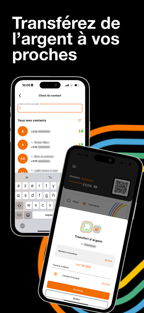OM Pay - Pantallas de la aplicación móvil OM Pay que muestran la selección de contactos y la confirmación de transferencia de dinero para usuarios marfileños