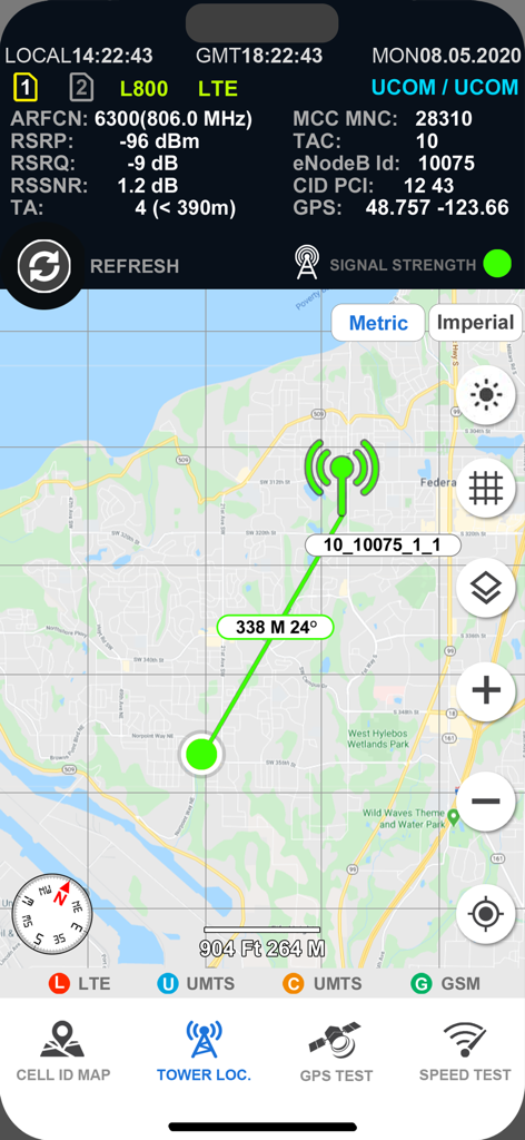 Map interface showing a connection to a nearby LTE cell tower with detailed technical network signal data