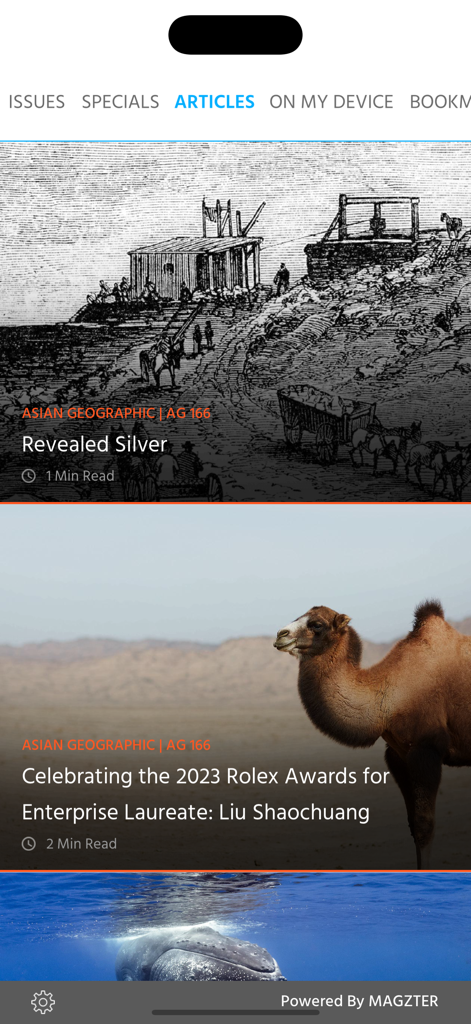 ASIAN Geographic Magazine - A preview of the articles section in the ASIAN Geographic Magazine app featuring stories on nature and culture