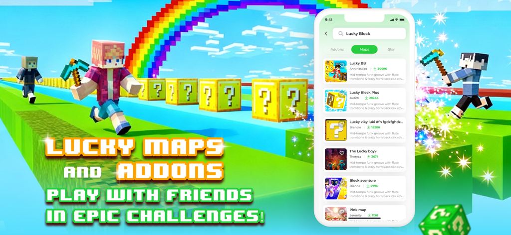 Lucky Block for Minecraft - Minecraft characters racing on a lucky block map with an app interface showing available mods and addons