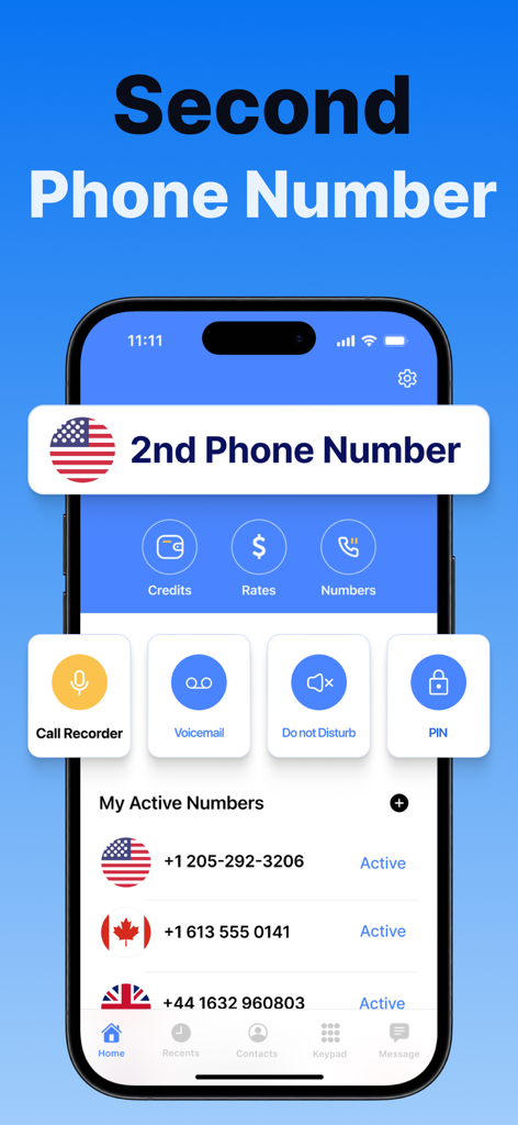 Screenshot of the Second Phone Number app interface showing active virtual phone lines for the USA Canada and UK along with call features like recorder and voicemail.