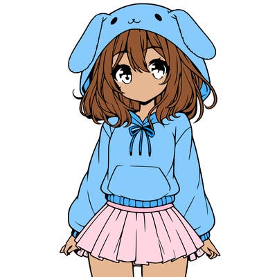 pretty anime girl wearing a fluffy hoodie with bunny ears on the hood and a skirt