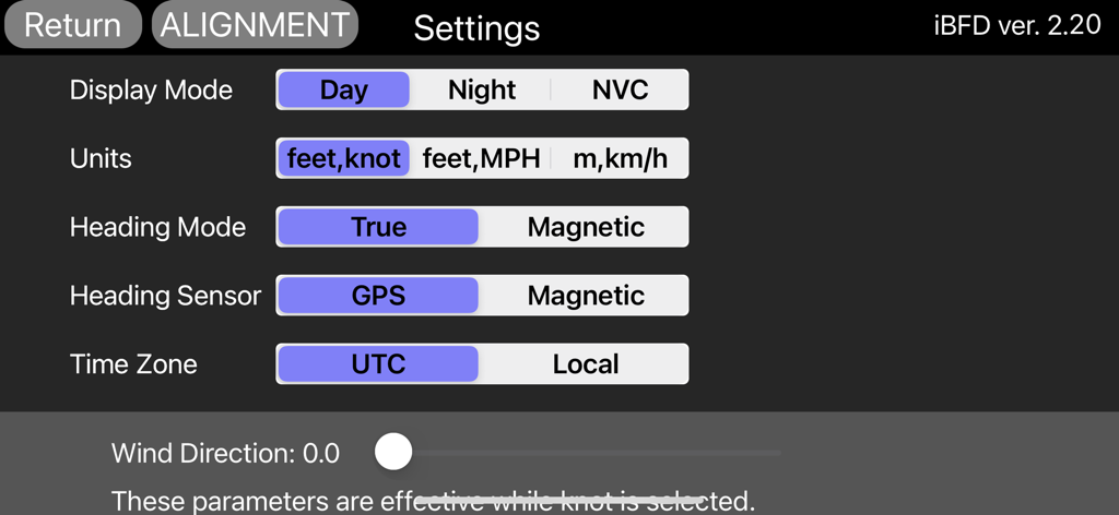 iBFD - Settings screen of the iBFD app showing configuration options for flight display, units, and sensors.