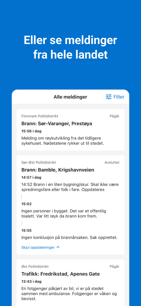 A list of national police alerts and emergency incidents displayed in the Politiloggen app interface