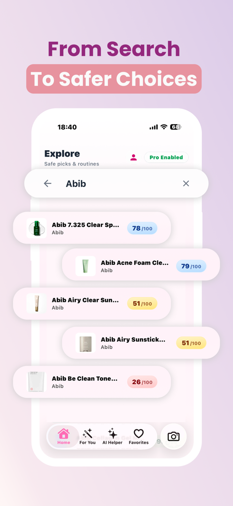 MamaSkin App-Suchergebnisbildschirm mit Schwangerschaftssicherheitsbewertungen für verschiedene Hautpflegeprodukte.