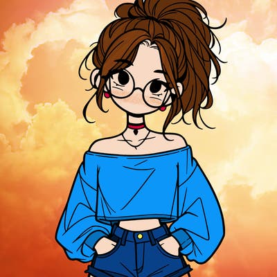 girl with a messy ponytail glasses a baggy crop top and jean shorts