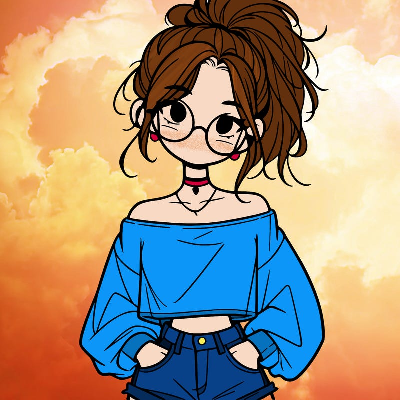 girl with a messy ponytail glasses a baggy crop top and jean shorts