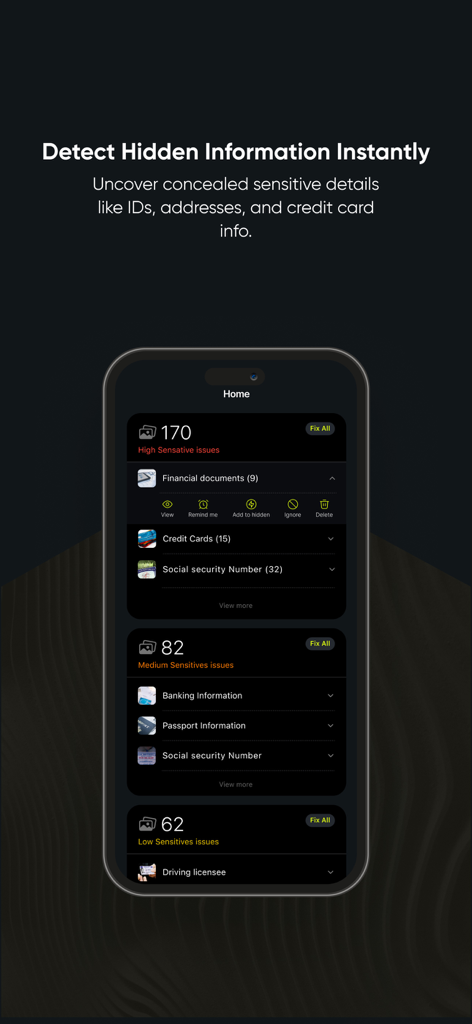 Interfaz de la app Privacy Guard mostrando detección y categorización de documentos sensibles como identificaciones y tarjetas de crédito