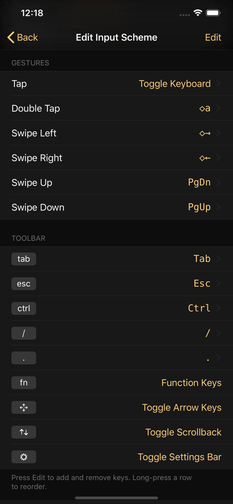 Shelly - SSH Client - Configuration screen for custom gestures and keyboard toolbar shortcuts in the Shelly SSH Client app.