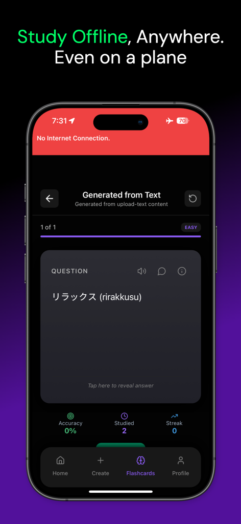 Interfaz de la aplicación móvil mostrando el modo de estudio de tarjetas de memoria sin conexión sin conexión a internet