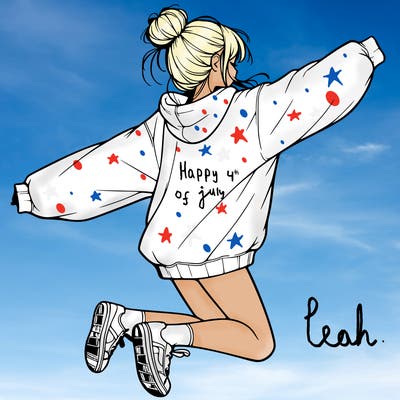 realistic girl jumping with a bun and oversized sweatshirt