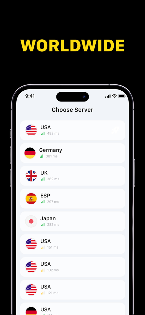 Argon VPN - Super Easy Connect - Argon VPN server selection screen showing worldwide locations and ping times