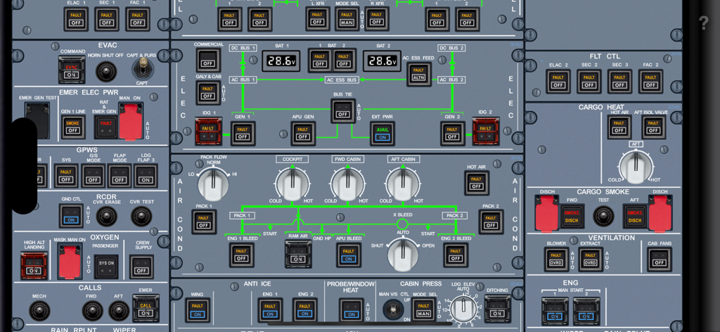 Acron A320 Cockpit Fam. - Schéma interactif détaillé du panneau supérieur d'un cockpit d'Airbus A320