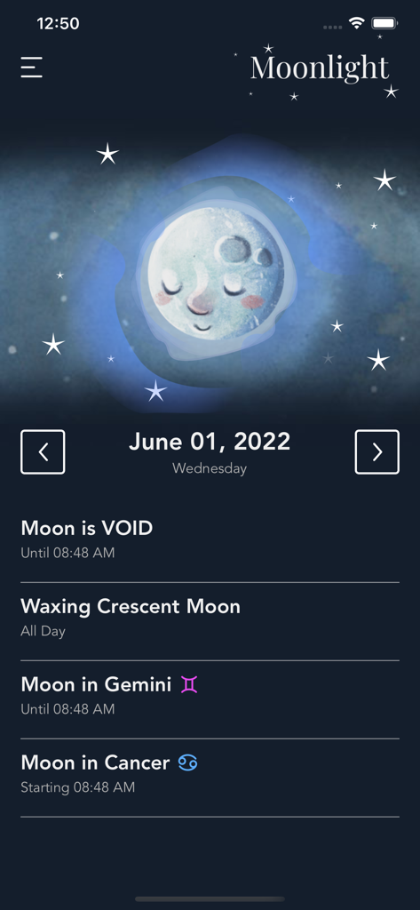 Moonlight Phases, Susan Miller - Moonlight Phases app dashboard displaying moon void status and zodiac sign transitions for June 2022