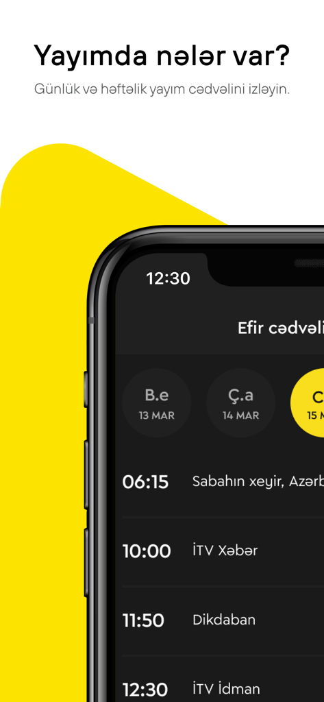 İCTİMAİ TV - Interface de l'application ICTIMAI TV montrant un programme de diffusion quotidien avec des programmes d'actualités et de sports