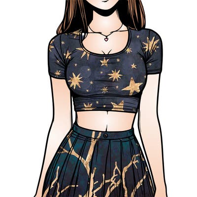 realistic girl wearing crop top and skirt