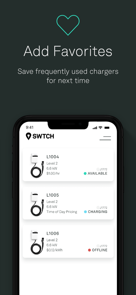 SWTCH - SWTCH mobile app interface showing a list of favorite EV charging stations with real-time availability status