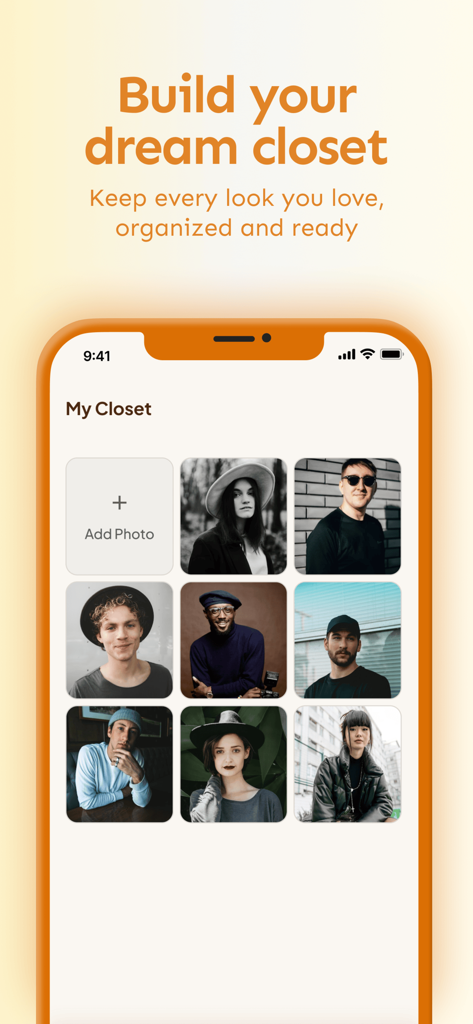 AI Jewelry Try-On: JewelryTry - A mobile app interface titled My Closet displaying a grid of saved user photos for virtual jewelry try-on