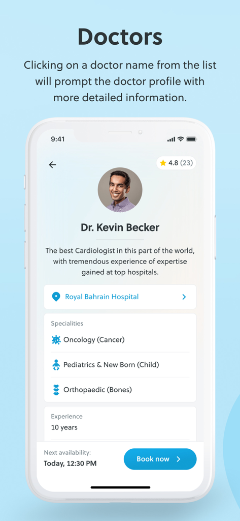 Profile page of a specialist on the Doctori app featuring doctor bio specialties years of experience and a booking button