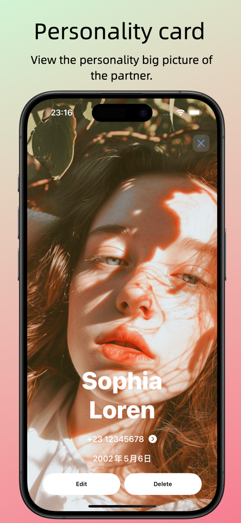 YunYu 앱의 파트너 성격 카드에는 프로필 사진과 연락처 정보가 포함되어 있습니다.