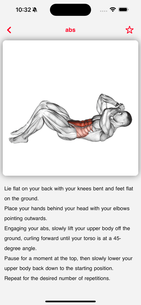 Fit Pro: Home & Gym Workouts - Pantalla de la aplicación Fit Pro que muestra una rutina guiada de abdominales con ilustración anatómica e instrucciones paso a paso.