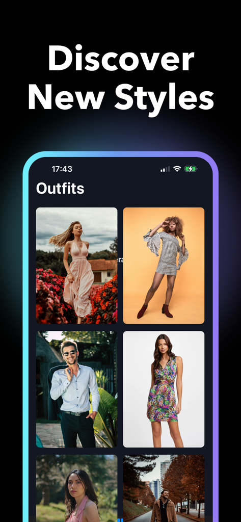 AI Clothes Changer + - AI Clothes Changer app interface displaying a grid of diverse fashion outfits for men and women