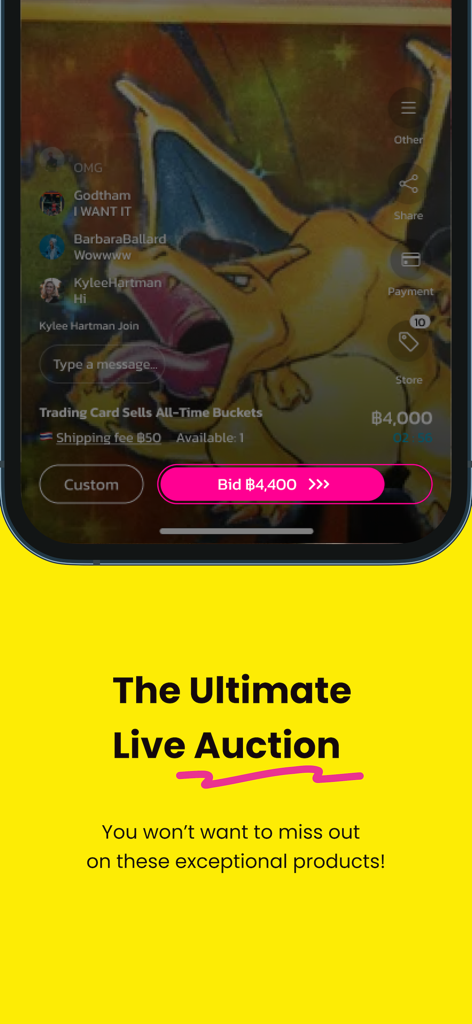 ASAPH LIVE - Aplicación ASAPH LIVE mostrando una subasta en vivo de una tarjeta Pokémon Charizard con pujas y chat en tiempo real