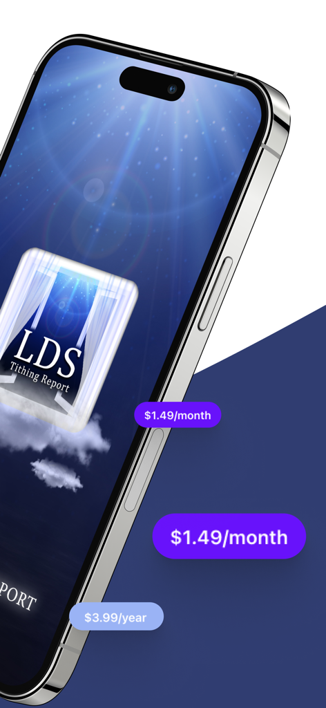 Uma tela de iPhone exibindo o logotipo do aplicativo Relatório de Dízimo SUD ao lado de bolhas de preços de assinatura para planos mensais e anuais.