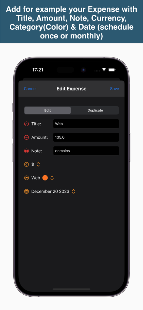 SimpleMoney - Captura de pantalla de la aplicación SimpleMoney que muestra la interfaz de edición de gastos en modo oscuro.