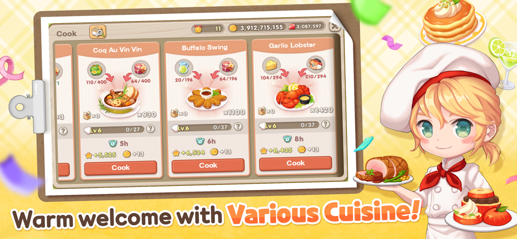 My Secret Bistro - Interface do menu de culinária no My Secret Bistro mostrando várias receitas e um chef de anime fofo