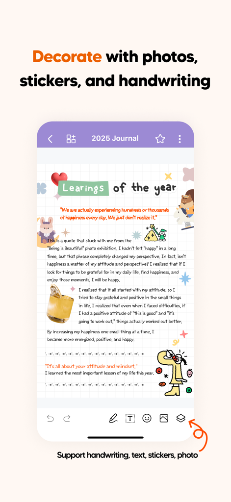 DAYOL : Journal, Calendar - A journal page in the Dayol app decorated with cute stickers, handwriting, and photos.