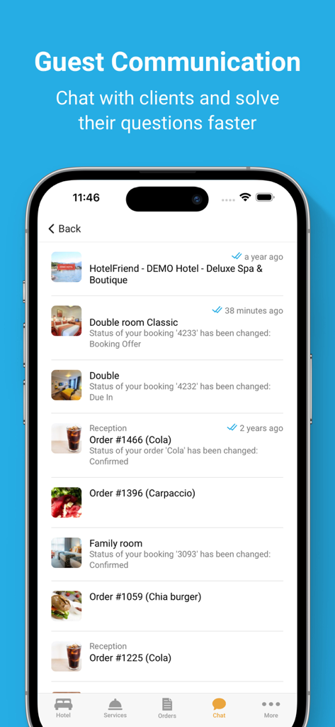 HotelFriend Guest Concierge - HotelFriend Guest Concierge app chat interface displaying booking status and room service order updates.