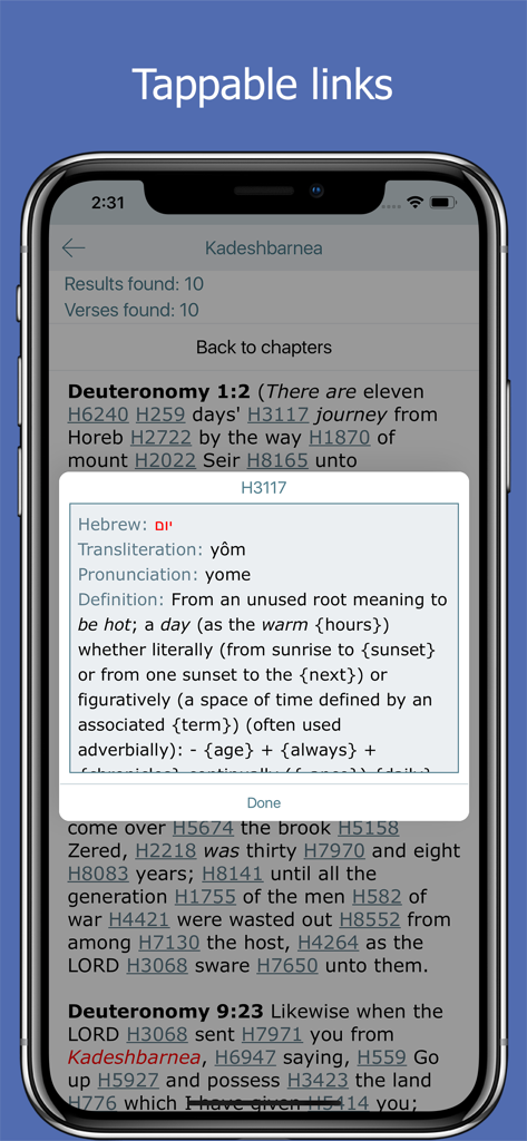 A mobile app screenshot showing a Hebrew lexicon definition pop-up triggered by tapping a Strongs number link in a Bible verse