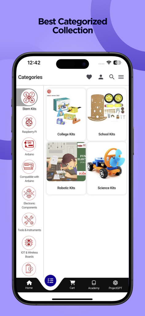 Robocraze - A screenshot of the Robocraze app displaying various electronics and STEM kit shopping categories like Raspberry Pi and Arduino.