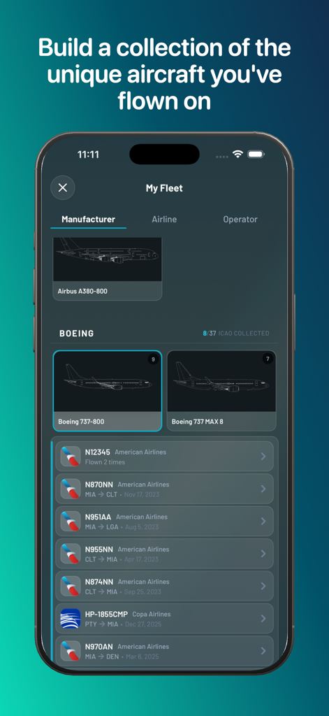 Fleet: Planes You’ve Flown - Screenshot of the Fleet app showing a personal collection of aircraft models and flight history.