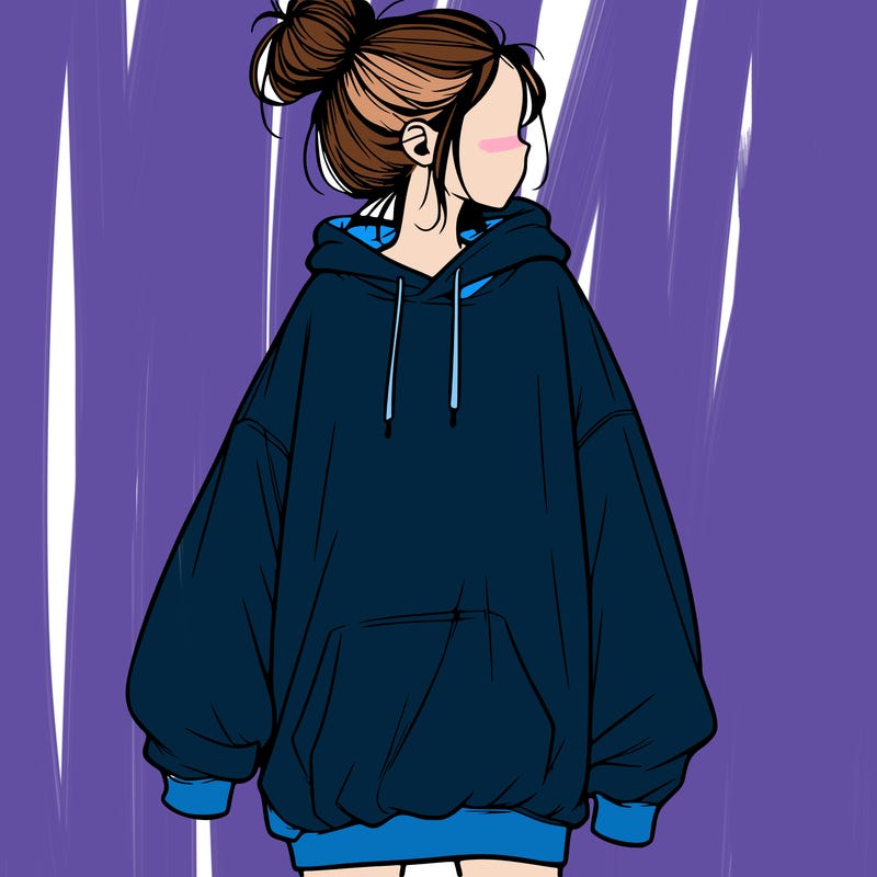 realistic girl with a oversized sweatshirt on and a bun