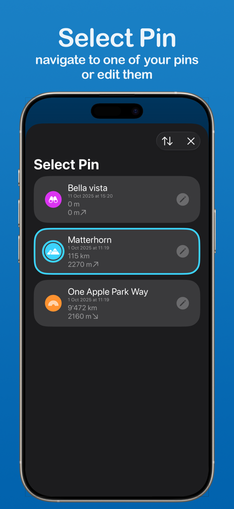 A list of saved locations in the Altimeter app including the Matterhorn with altitude and distance details