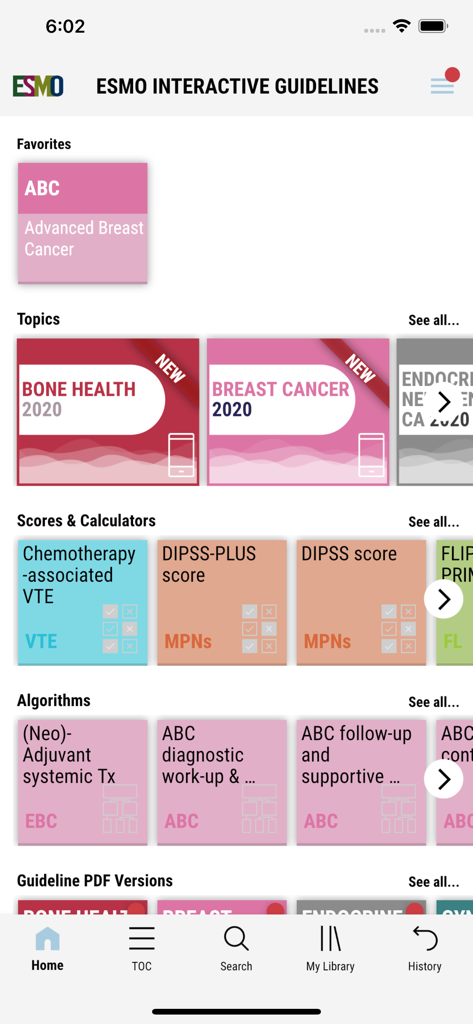 ESMO Interactive Guidelines - Home screen of the ESMO Interactive Guidelines app showing oncology topics, medical calculators, and clinical treatment algorithms.