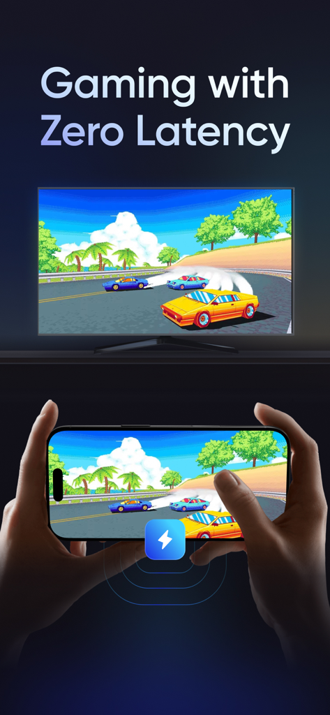 Screen Mirroring | TV Cast - Pantalla de iPhone reflejando un juego de carreras a un televisor con latencia cero