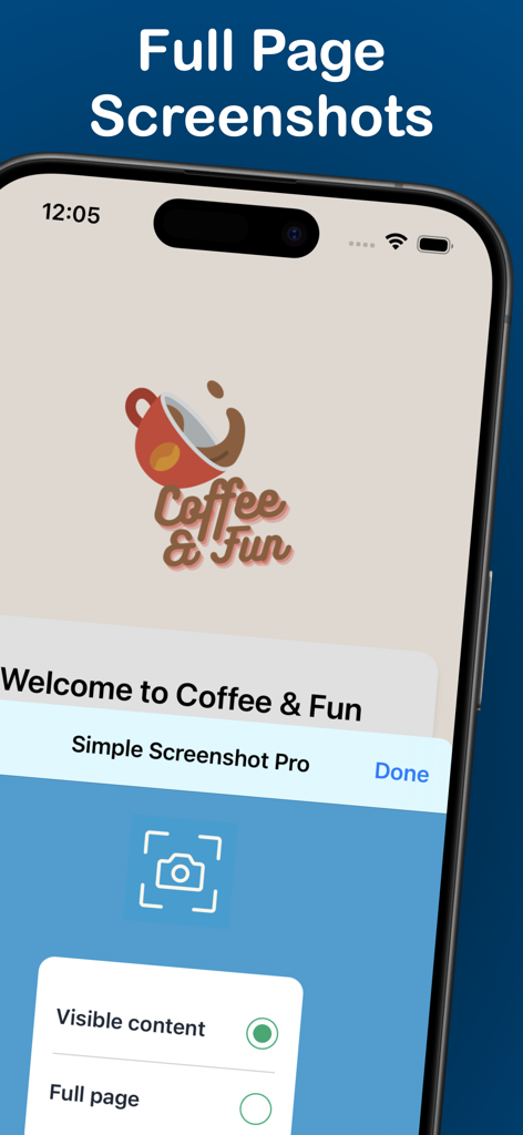 Simple Screenshot Pro - Interface do aplicativo Simple Screenshot Pro no iPhone mostrando opções para capturas visíveis e de página inteira