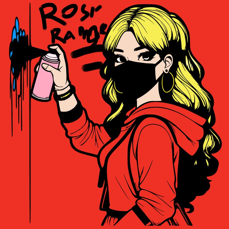 realistic girl with mask spray painting a wall