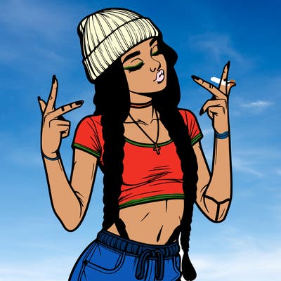 realistic teenage girl with braids and a beanie and crop top doing 🫶🏼