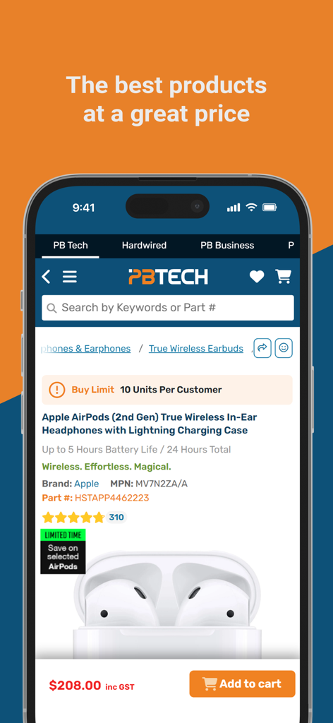 PB Tech - L'application mobile PB Tech affiche les détails du produit Apple AirPods, son prix et les avis des clients.