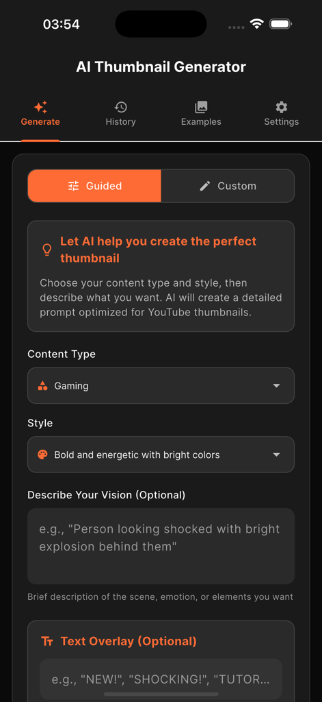 バイラルサムネイルメーカーアプリのインターフェース。コンテンツタイプやスタイルの選択オプションを備えた、ガイド付きAIジェネレーターツールが表示されています